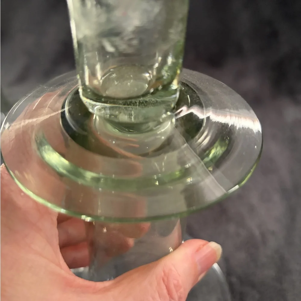 Pottery Barn Savoy taper candle Sticks holders green glass, Set of 2.